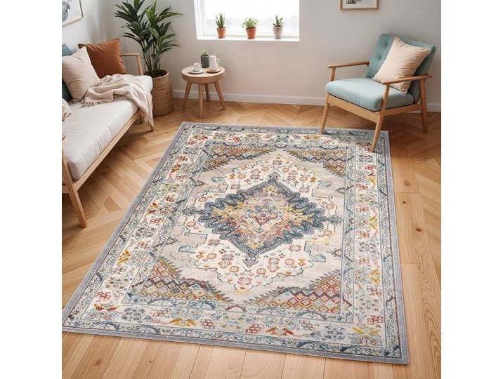 Casablanca Tapis Vintage 120×170Cm Taupe Bleu Gris Design Décoratif Pour Salon Chambre Et Salle À Manger