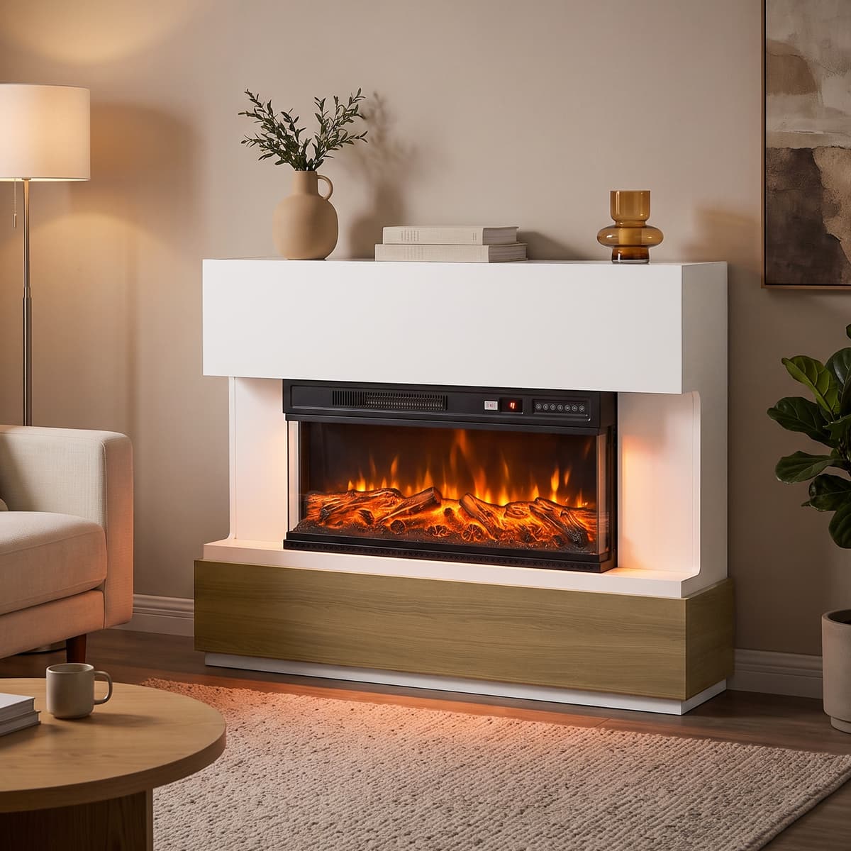 Homcom 117cm Camino Elettrico da Terra/Incasso a 3 Lati con Cornice per TV 55'', 900/1800W, 12 Colori Fiamma 3D, Bianco   Aosom Italy