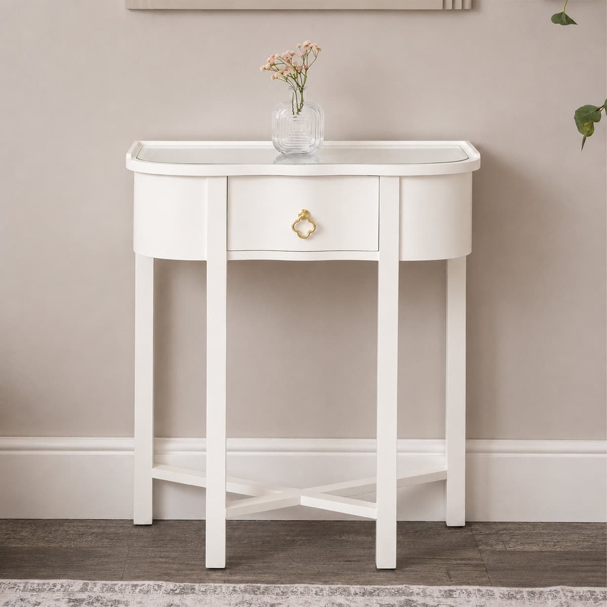 One Drawer Half Moon Console Table with Hessian & Glass Top - Austin White Range Wood, Metal