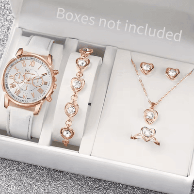 Uplift Curations Fashion Womens Quartz Watch Set With Leather Bands And Heart Rhinestone Accent (5 6 PCS) g Without Box