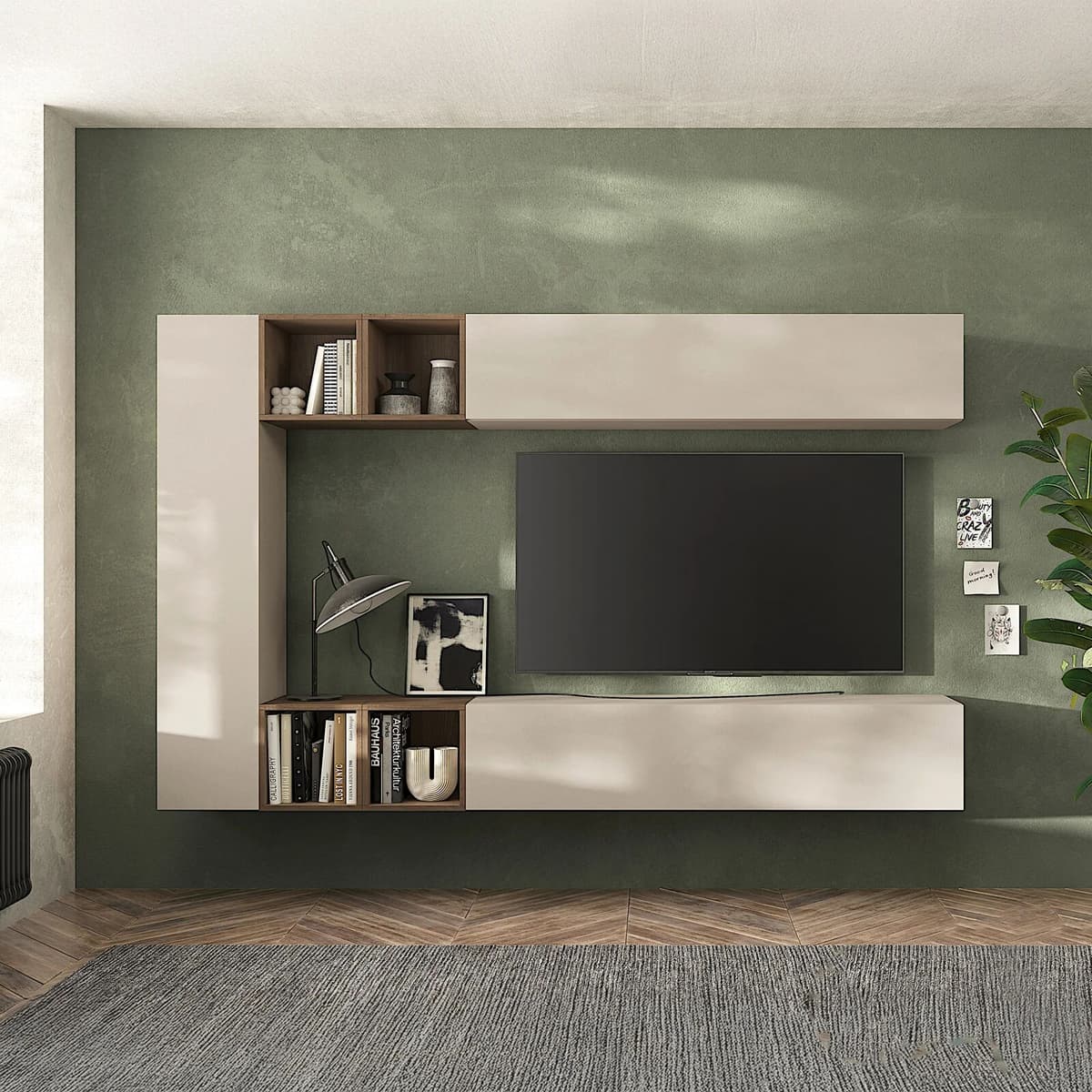garneroarredamenti Parete attrezzata sospesa 223x195h cm moderna beige rovere scuro Sunset 83