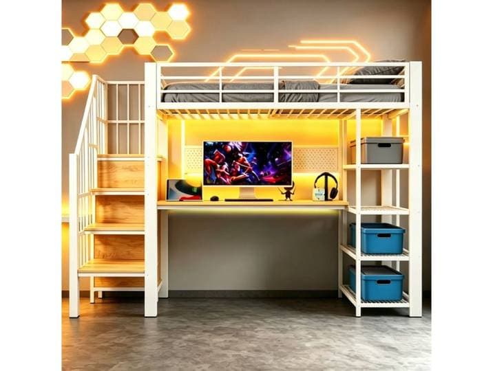 Lit mezzanine 90 x 200 cm blanc avec bureau escalier de rangement étagères panneau perforé LED et prise