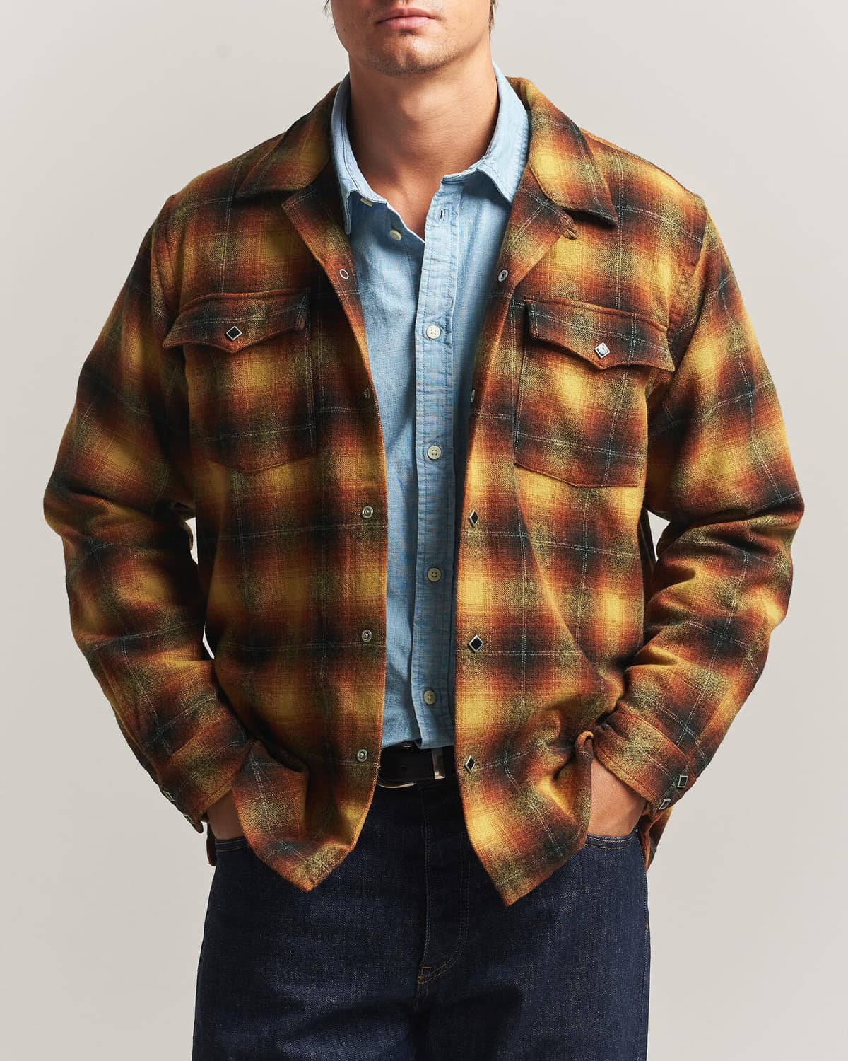 RRL Jesse Plaid Camp Shirt Orange/Yellow men L Orange