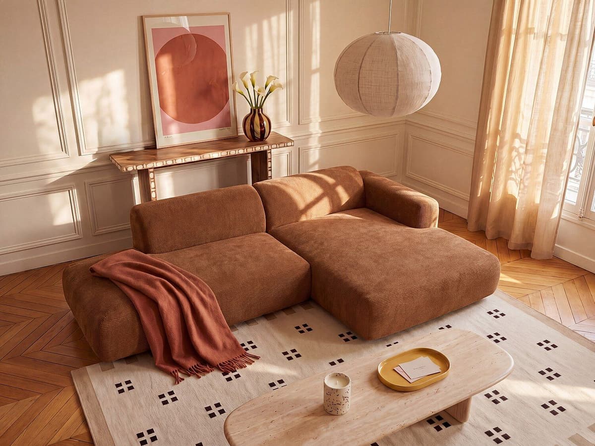 Unique Sofá modular rinconera derecha abierto de pana fina terracota - POGNI de Maison Céphy