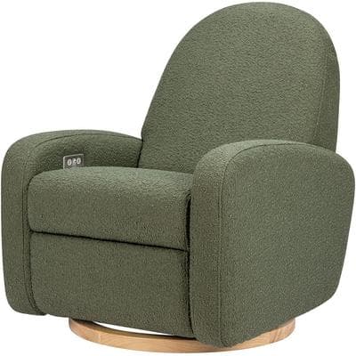 Babyletto Nami Electronic Swivel Glider Recliner w/ USB - Olive Boucle w/ Light Wood Base
