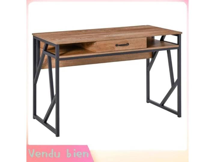 LIA Bureau industriel 120x60x76cm tiroir+2 niches métal noir plateau bois noyer