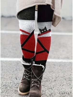 LightInthebox Women's Pants Trousers Leggings Cozy Leggings Streetwear Casual Full Length High Waist Geometric Cat Elastic Waist Print Breathability Comfortable Stretchy Vacation Street Daily Wear Red Purple Khaki