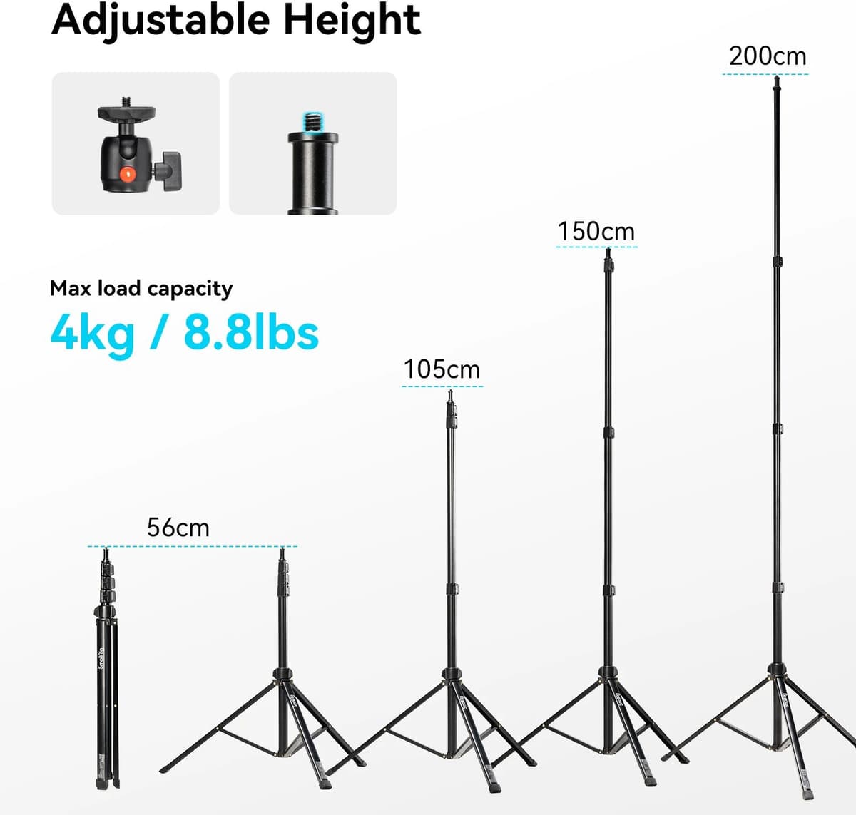 SmallRig RA-S200 Light Stand Adjustable Height 56-200cm Load 4kg with Ball Head Lightweight and Portable for COB /Panel  Light