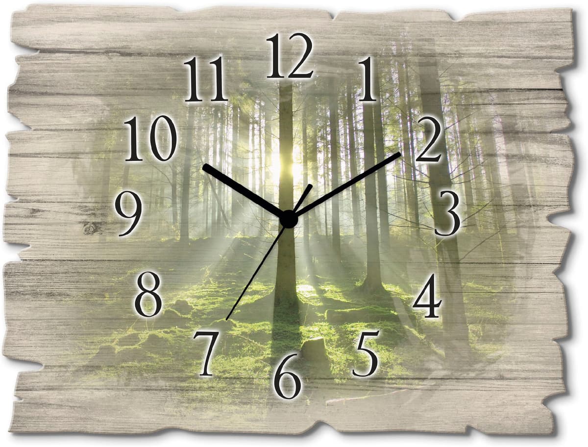 Wanduhr ARTLAND "Wald im Gegenlicht", grün, B:40cm H:30cm T:0,6cm, Wanduhren, Wanduhr, wahlweise mit Quarz- oder Funkuhrwerk, lautlos ohne Tickgeräusche grün B/H/T: 40cm x 30cm x 0,6cm, Quarzuhr