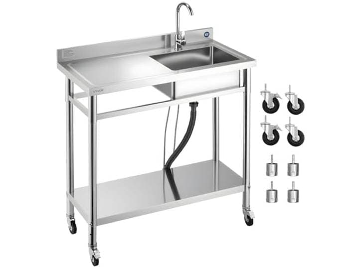 VEVOR Keukenspoelbak 1000x500x1055mm, enkele wastafel met kraan en wielen, keukenspoelbak voor garage, restaurant, wasserij, buitenwastafel met linker werkblad