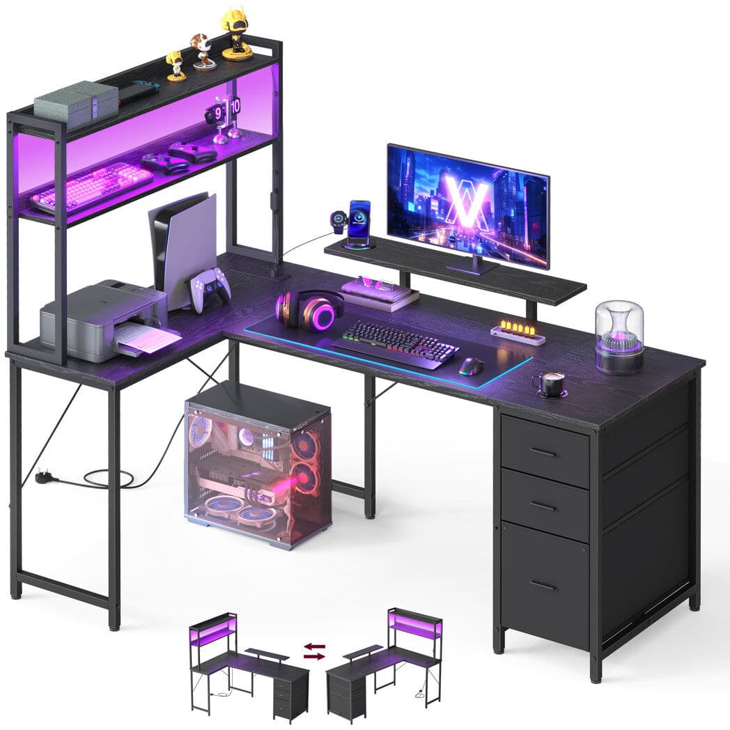 17 Stories L-Shaped Computer Desk with LED Lights and Power Outlets Black 150 cm H x 160 cm W x 100 cm D