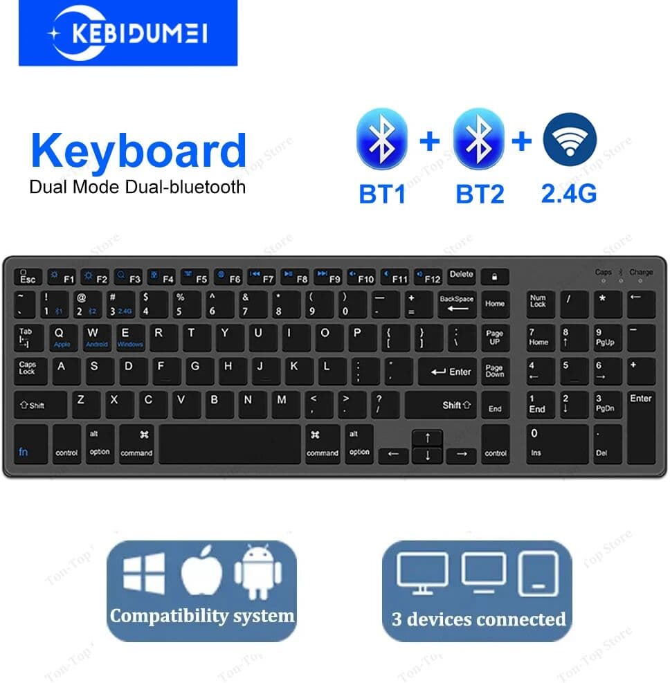 kebidumei Dual-mode 2.4G Wireless Keyboard Dual Bluetooth 5.0 Keyboard 102 Keys Rechargeable Keyboard For MacBook Tablet PC Accessories