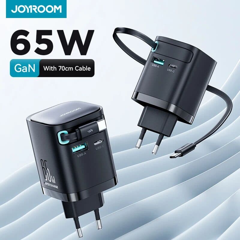 Joyroom 65W GaN USB Charger With Retractable Type-c Cable for Phone Tablet Laptop Fast Charging for iPhone Samsung Macbook