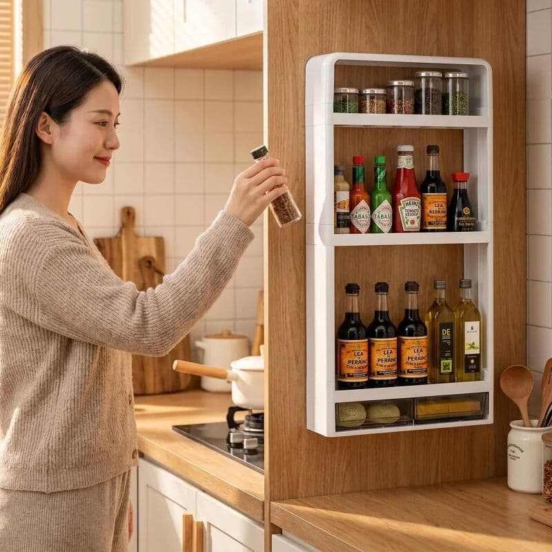 NONE No-Drill Wall-Mounted Kitchen Storage Rack for Spices Space-Saving and Damage-Free Multi-Layer Side Hooks