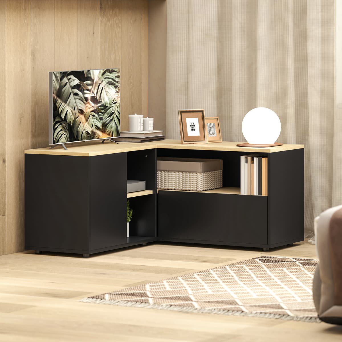 Homcom Mobile TV angolare con 2 armadietti e 3 nicchie, 90x90x45 cm, Rovere e Nero   Aosom Italy