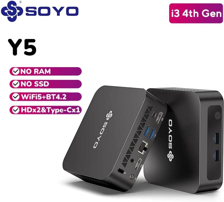 SOYO Y5/Air/Plus Mini PC Intel 4th Gen i3/i5/i7 NO RAM NO SSD 2 x HDMI 4 x USB 3.0 Type-C WiFi5 BT4.2 Mini Desktop Computer