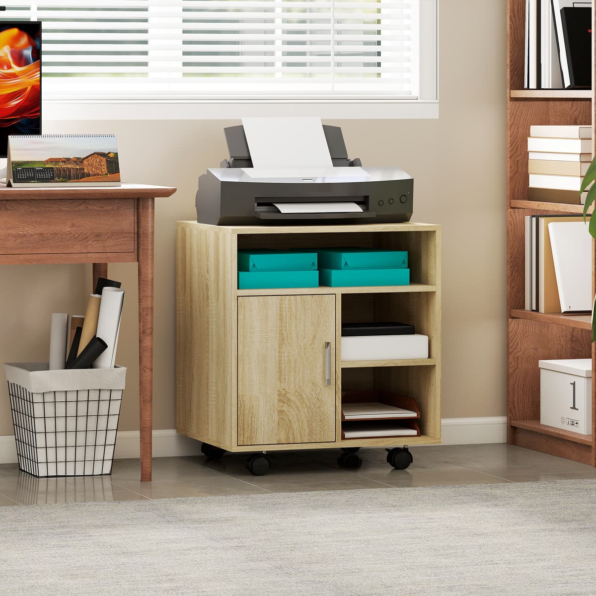 Homcom Mobiletto Porta Stampante con Ripiani Aperti e Armadietto in Legno, 60x50x65.5cm, Color Legno   Aosom Italy