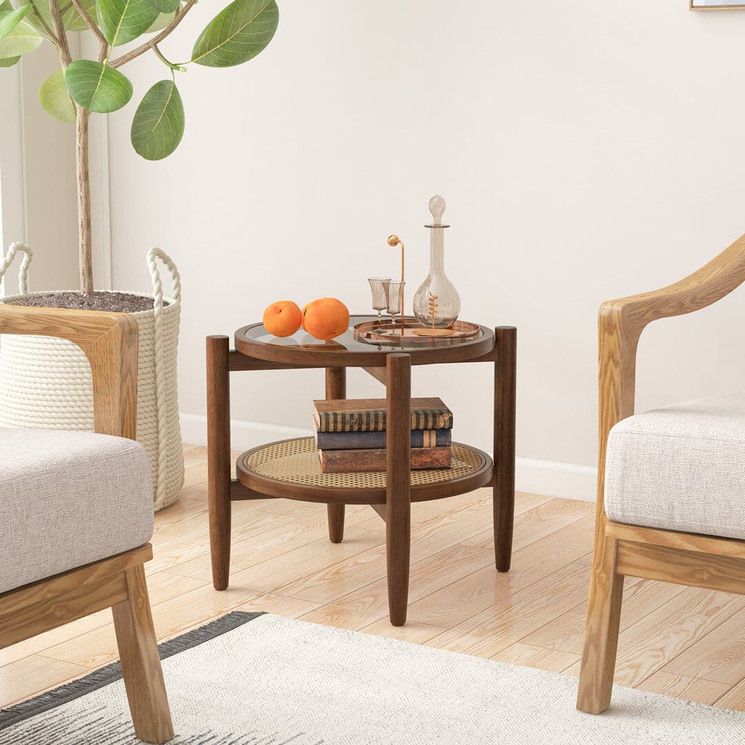 Bay Isle Home Akhirah Solid Wood Top and Glass Top Four Leg Round Side Table Brown Wood;Clear 46cm H X 56cm W X 56cm D