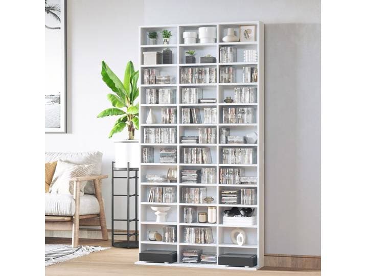 Étagère Rangement CD/DVD Meuble de Rangement pour 1116 CDs 33 Compartiments réglables en Hauteur Blanc