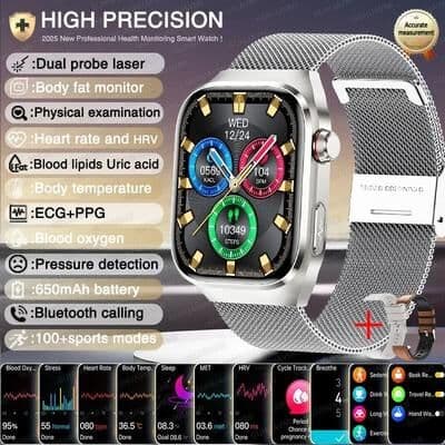 Inspired Finds AI Health Monitoring Smart Watch With ECG PPG Blood Pressure And Uric Acid Tracking silver Mesh Belt 2a