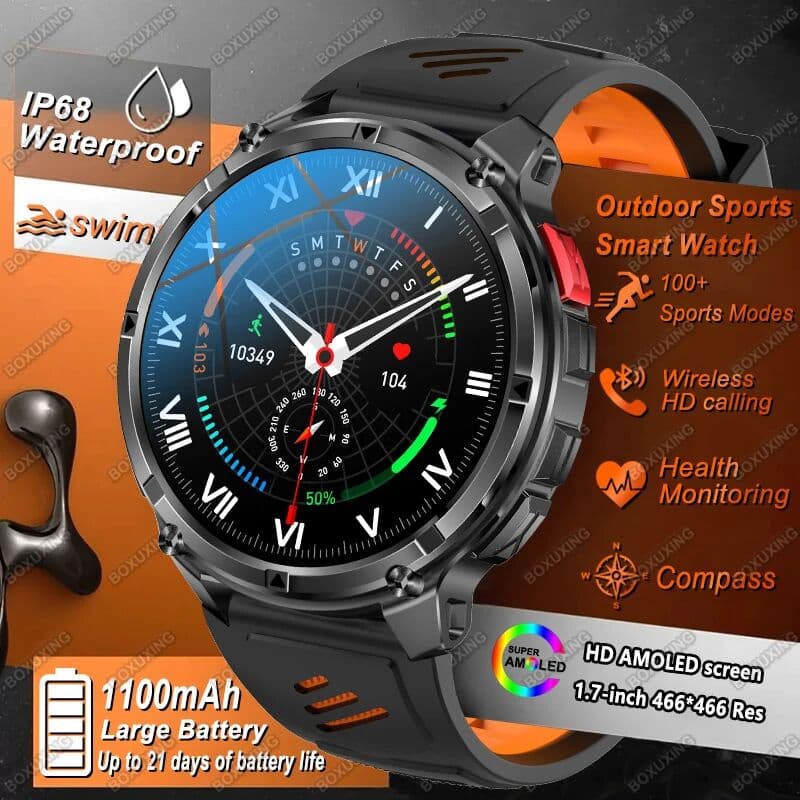 BOXUXING 2026  T-Rex 3 1100mAh Battery Smart Watch Men IP68 Waterproof Compass Bluetooth Call AMOLED Outdoor Sports Fitness Smartwatch