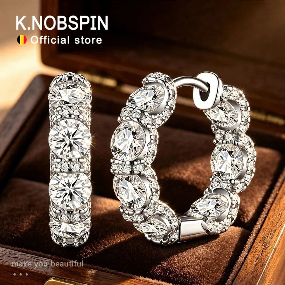 KNOBSPIN D VVS1 5.16CT Moissanite Hoop Earrings for Women Round Cut Huggie Earring S925 Sterling Silver Sparkling Luxury Jewelry