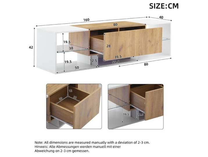 Meuble TV 160 x 40 x 42 cm avec LED télécommandé 2 tiroirs tablettes en verre blanc et décor bois naturel