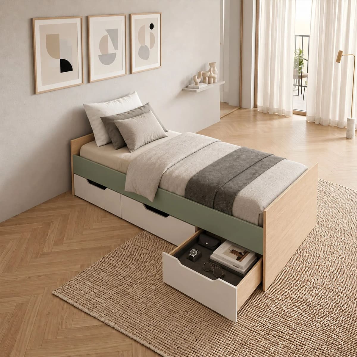 garneroarredamenti Letto singolo 90x200cm 3 cassetti rovere beige verde salvia Kabala