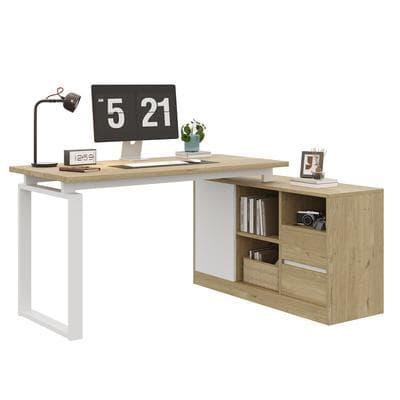 Merax L-förmiger Schreibtisch 152x113.5x76 cm, Bürotisch mit 2 Schubladen, 3 offenen Regalen & 1 Schrank, Naturholzfarbe & Weiß