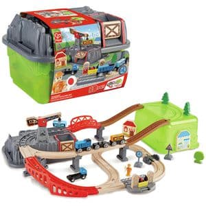 Hape E3764 Eisenbahn-Baukasten-Set, aus Holz, mit Kran und Aufbewahrungsbox, 50 Teile