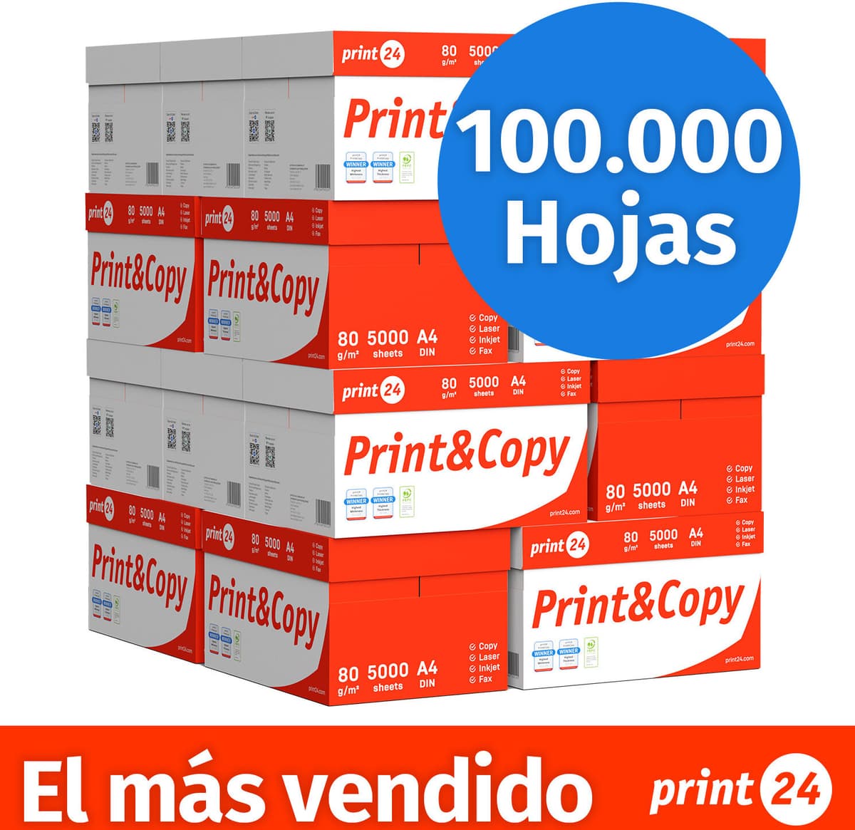 print24 Papel de impresora Papel de copia 100000 hojas 20 x 5000 A4 Premium blanco brillante CIE 160 Certificado por el PEFC