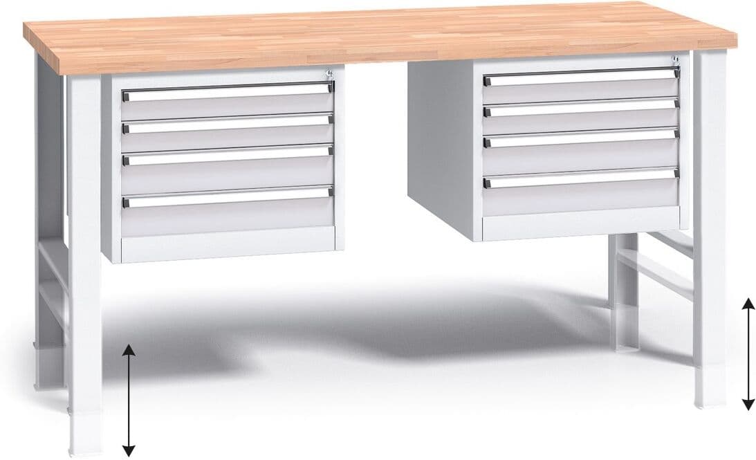 B2B Partner Stół warsztatowy z regulacją wysokości G3, 1700 x 685 x 840-1050 mm, 2x 4 szufladowy kontener, szary