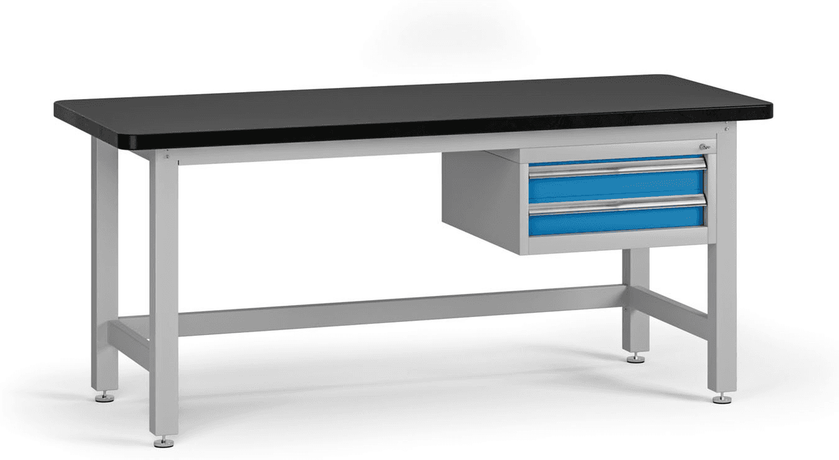 B2B Partner Profesionální dílenský stůl G4, 2 zásuvky, deska MDF + PVC, 1800 x 750 x 800 mm, modrá