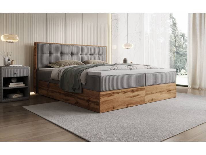 Boxspringbett Timber Quad in Cord mit Stauraum - 200x200 - Hellgrau - H4 (100kg+) - Luxusbetten24
