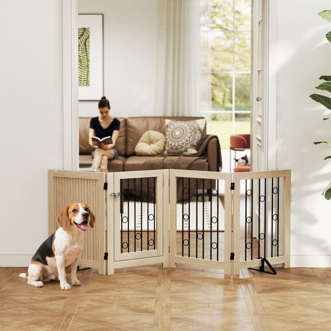 PawHut 4 Panel Freestanding Pet Gate Foldable with Door for Stairs Doorway Oak 70cm H X 205cm W X 30.5cm D