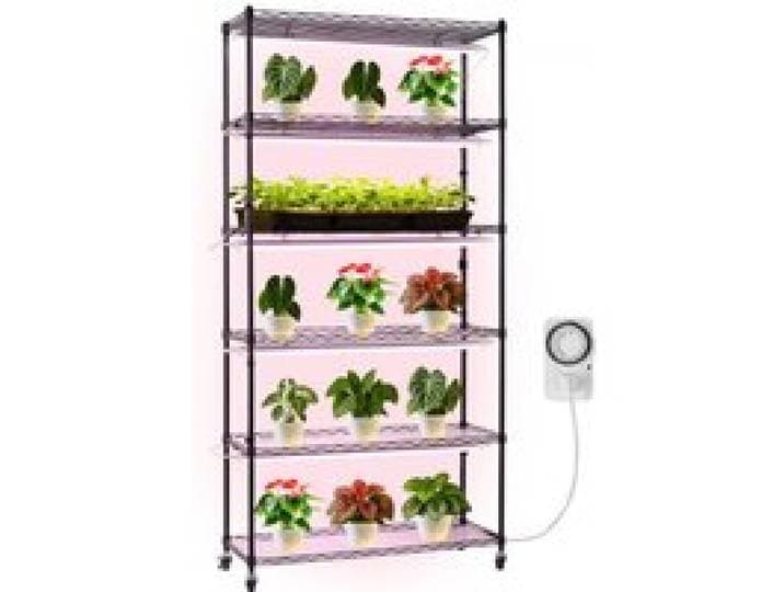 VEVOR Support Plantes Intérieur avec Lampe de Croissance, Étagère Plantes à 6 Niveaux en Métal, Hauteur 180 cm, 150 W, avec Roulettes, Lampe 3800K, Minuterie, Meuble Présentoir pour Pots de Fleurs