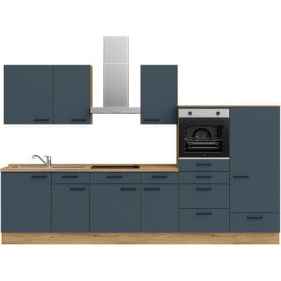 Küchenzeile NOBILIA "Easytouch I", NEU: individuell anpassbar mit gratis Profi-Beratung", blau (küche: blau, korpus: eiche sierra nachbildung, arbeitsplatte: eiche sierra nachbildung), B:330,3cm H:216,6cm T:60cm, Komplettküchen-Sets, Küchenzeile,...
