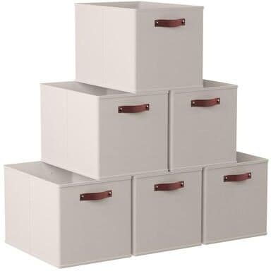 Ornavo Home Foldable Collapsible Storage Box Bins Linen Fabric Shelf Basket Cube Organizer with Leather Handles - Set of 6