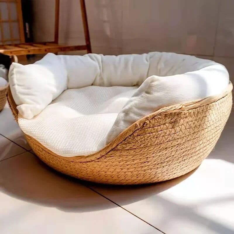 NONE Pet Bed Soft Cat Kennel Dog Beds Sofa Bamboo Weaving Four Season Cozy Nest Baskets Waterproof Removable Cushion Sleeping Bag