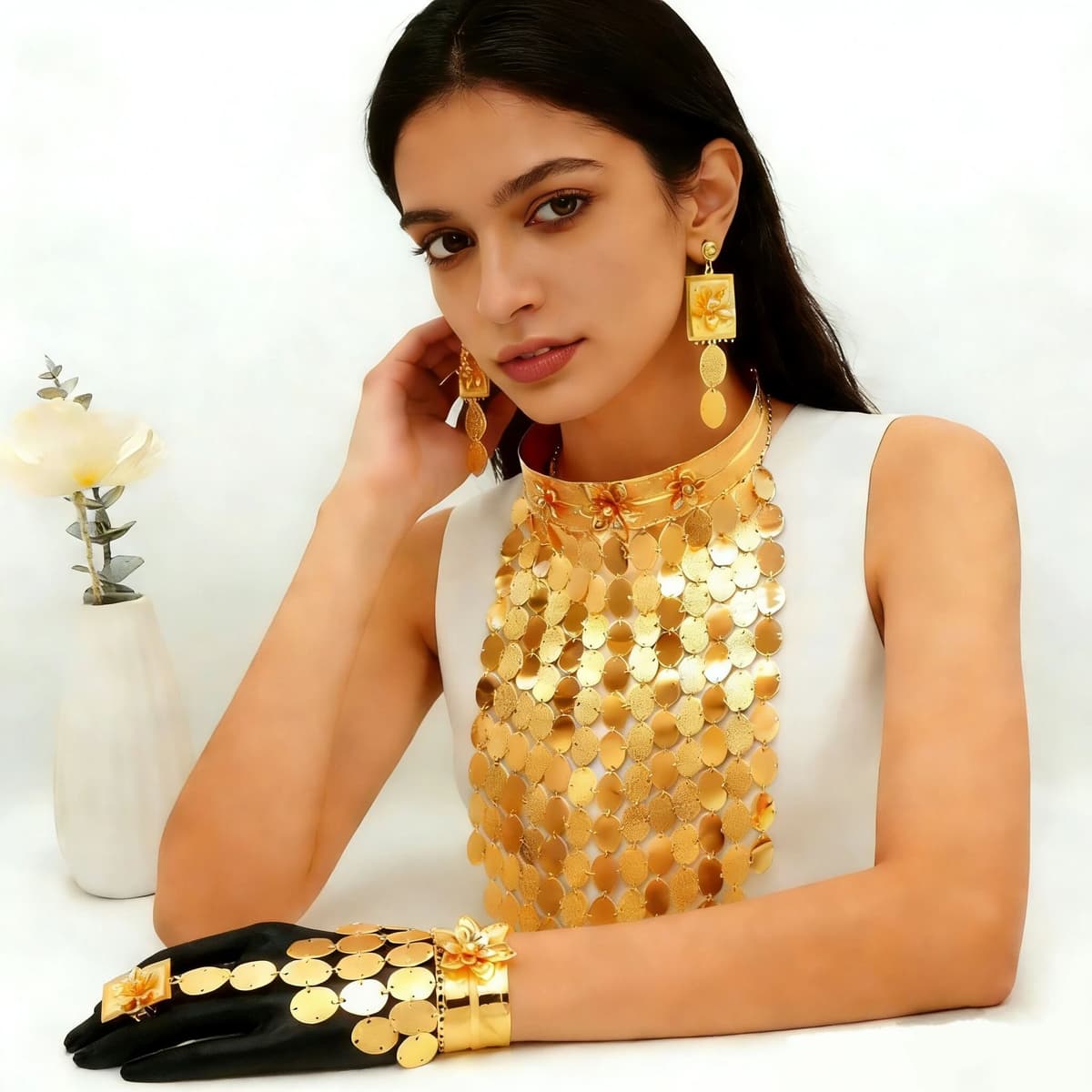 GDJWRI Dubai Fashion Luxury Long Wide Necklace Set Saudi Arabia Floral Pattern Women's Jewelry Set Wedding Bridal Accessories Gift