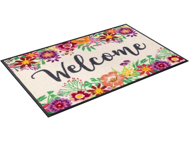 Fussmatte Welcome Blooming , bunt, B:50cm H:7mm L:75cm, Polyamid, WASH+DRY BY KLEEN-TEX, Teppiche, Fussmatte, Schmutzfangmatte, mit Spruch, rutschhemmend, waschbar