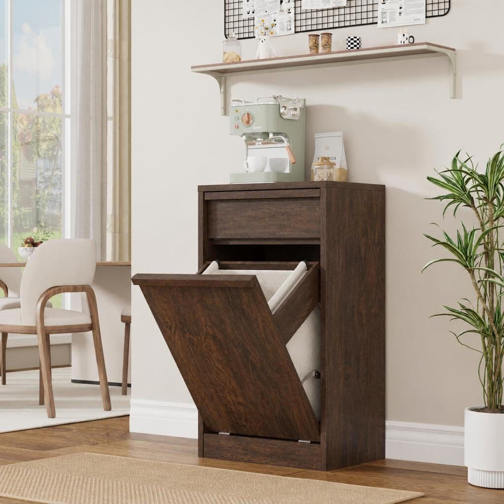 Rebrilliant Tilt-Out Laundry Hamper Cabinet with Removable Basket – Hidden Farmhouse Storage for Bathroom or Kitchen – Single Cabinet, Cherry Finish 89.9cm H X 50cm W X 35.1cm D