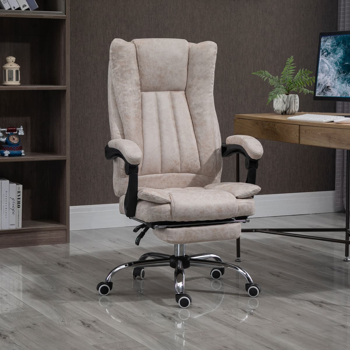 Vinsetto Sedia da ufficio sedia girevole con funzione reclinabile poggiapiedi sedia da ufficio sedile regolabile in altezza sedia da scrivania microfibra plastica metallo nylon beige + nero + argento 63 x 71 x 110-118 cm