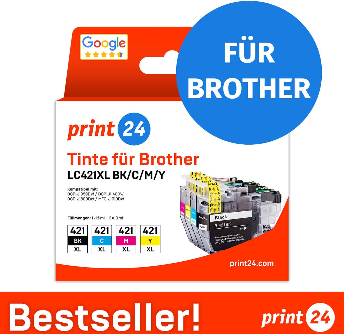 print24 Tintenpatronen für Brother LC421XL, Multipack (BK/C/M/Y), 1 Stück