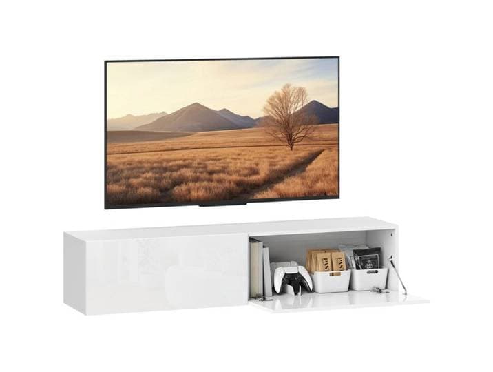 Meuble TV suspendu pour téléviseur jusqu'à 45 55 65 pouces avec 2 placards à portes 140 x 33 x 29 8 cm blanc