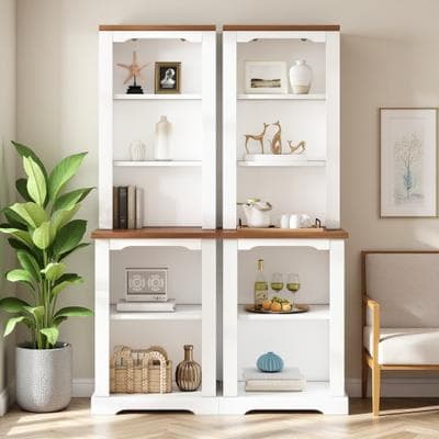 ZWYO HOSIMU 66.1in MDF 2-Piece Tall Display Cabinet with Curved Design, Open Storage Bookcase Set with 6 Shelves & Anti-Tip Device