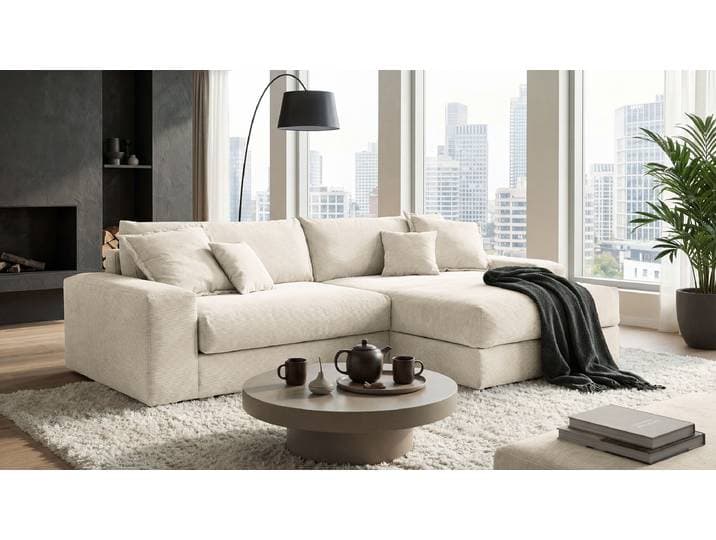 Ecksofa mit Longchair Beige Cordstoff Fjella 301 x 90 x 181cm Longchair davorstehend rechts Modern
