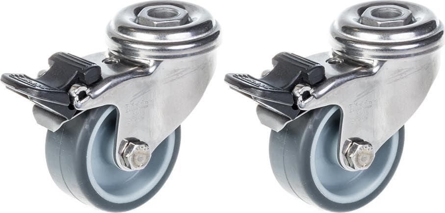 Parnells Set van 2 RVS Zwenkwielen met Rem, 50mm, Grijs Rubber, Draagvermogen 80kg