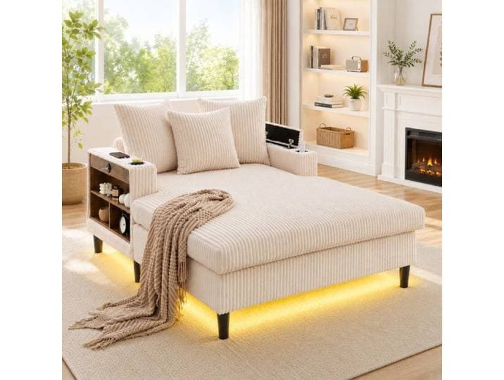 Méridienne Beige En Corde 129x170x70cm Inclinable porte-gobelets Double LED USB poche Latérale rangement pieds Plastique Stables