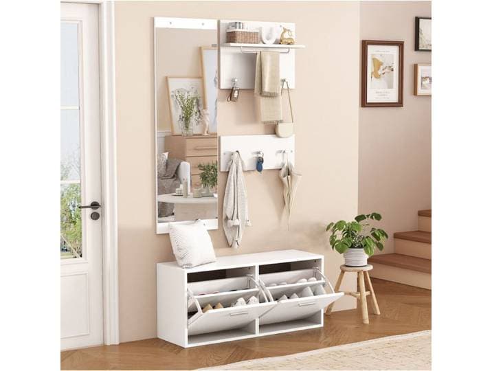Meuble d'entrée 4 pièces avec miroir 2 panneaux muraux et meuble à chaussures - YEAVIO - pour entrée blanc